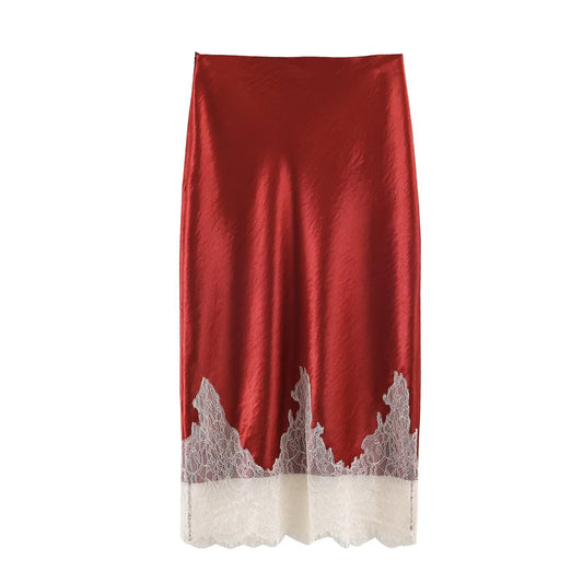 Sia | Elegant Satin Midi Skirt Red Lace Hem Slip