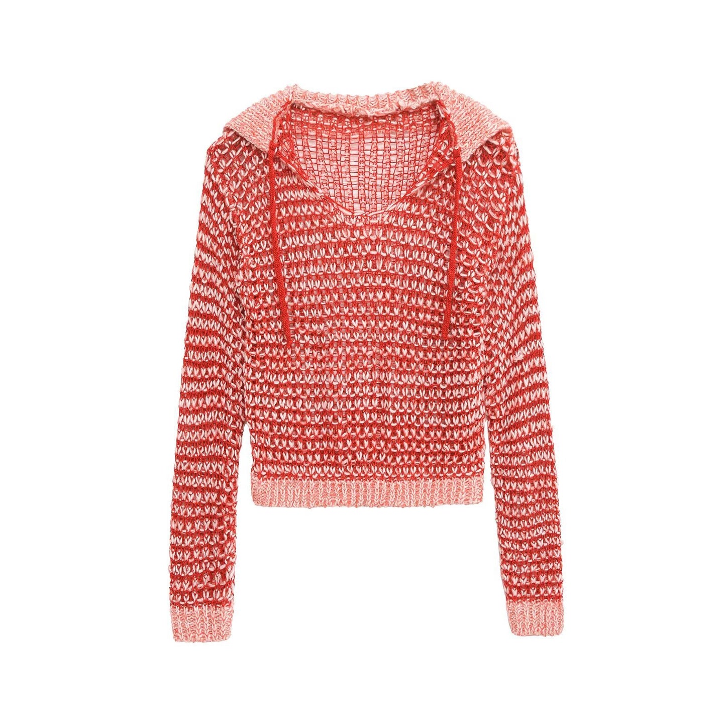 Margot | Cropped Waffle Knit Sweater Red V Neck Hooded