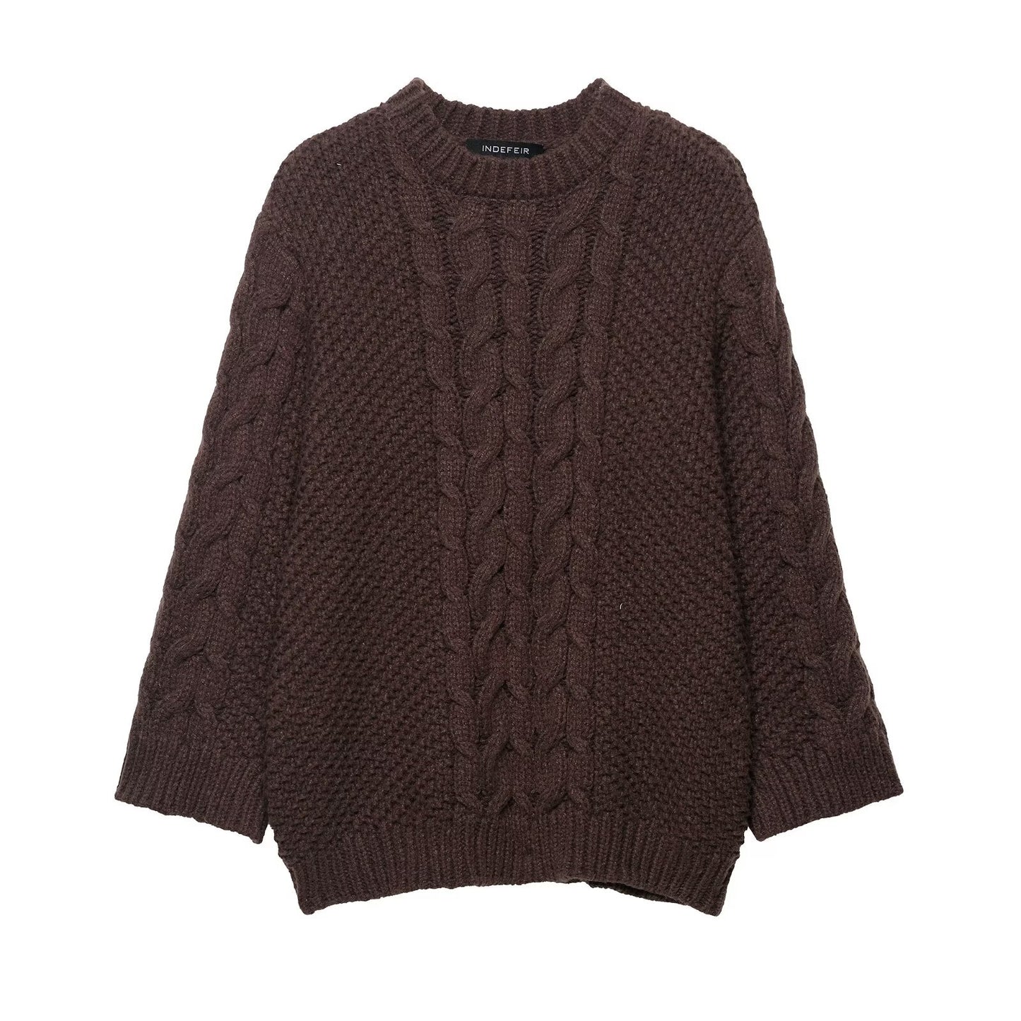 Alma | Knitted Sweater Cable Knit Brown Crew Neck