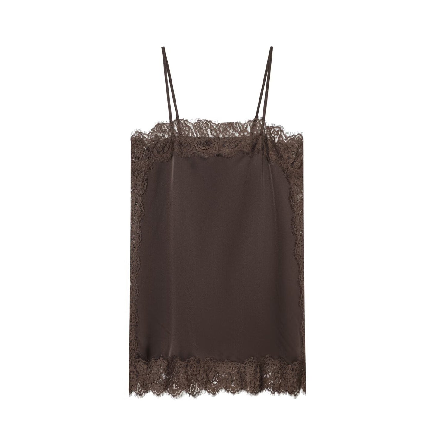 Iris | Elegant Satin Cami Top Brown Lace Trim Sleeveless