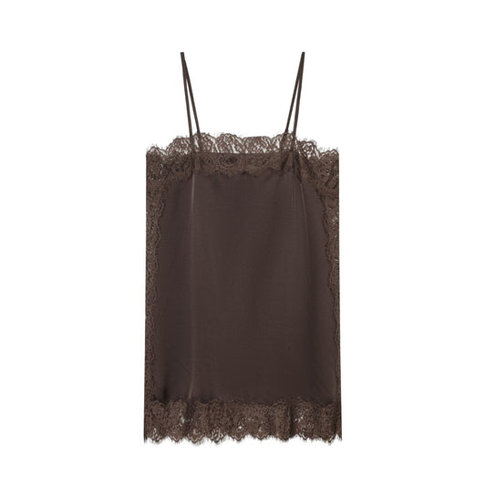 Iris | Elegant Satin Cami Top Brown Lace Trim Sleeveless