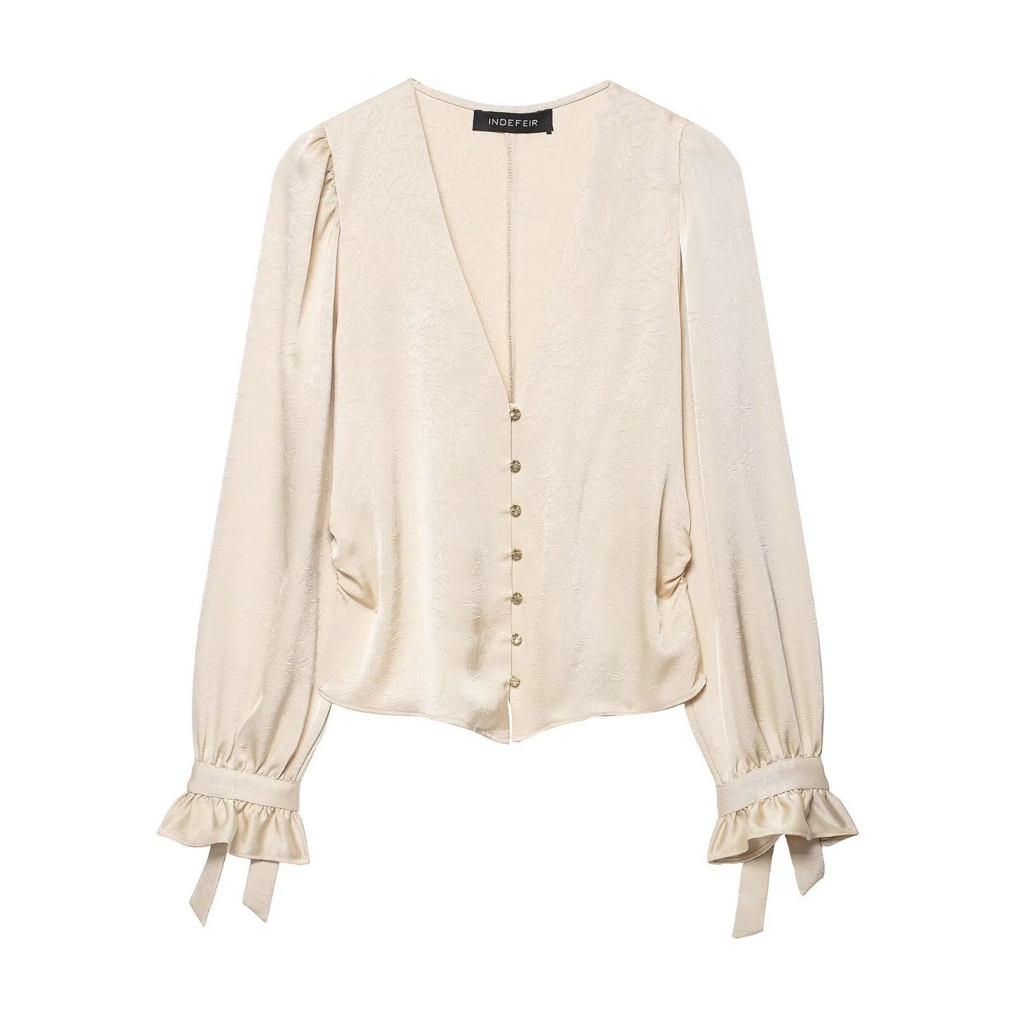 Lena | Satin V Neck Blouse Cream Long Sleeve Ruffled