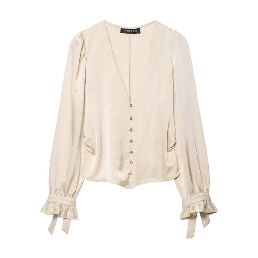 Margot | Elegant Satin V Neck Blouse Beige