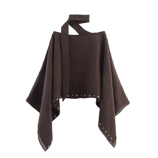 Wren | Studded Sheer Cape Top Brown Asymmetric Collar
