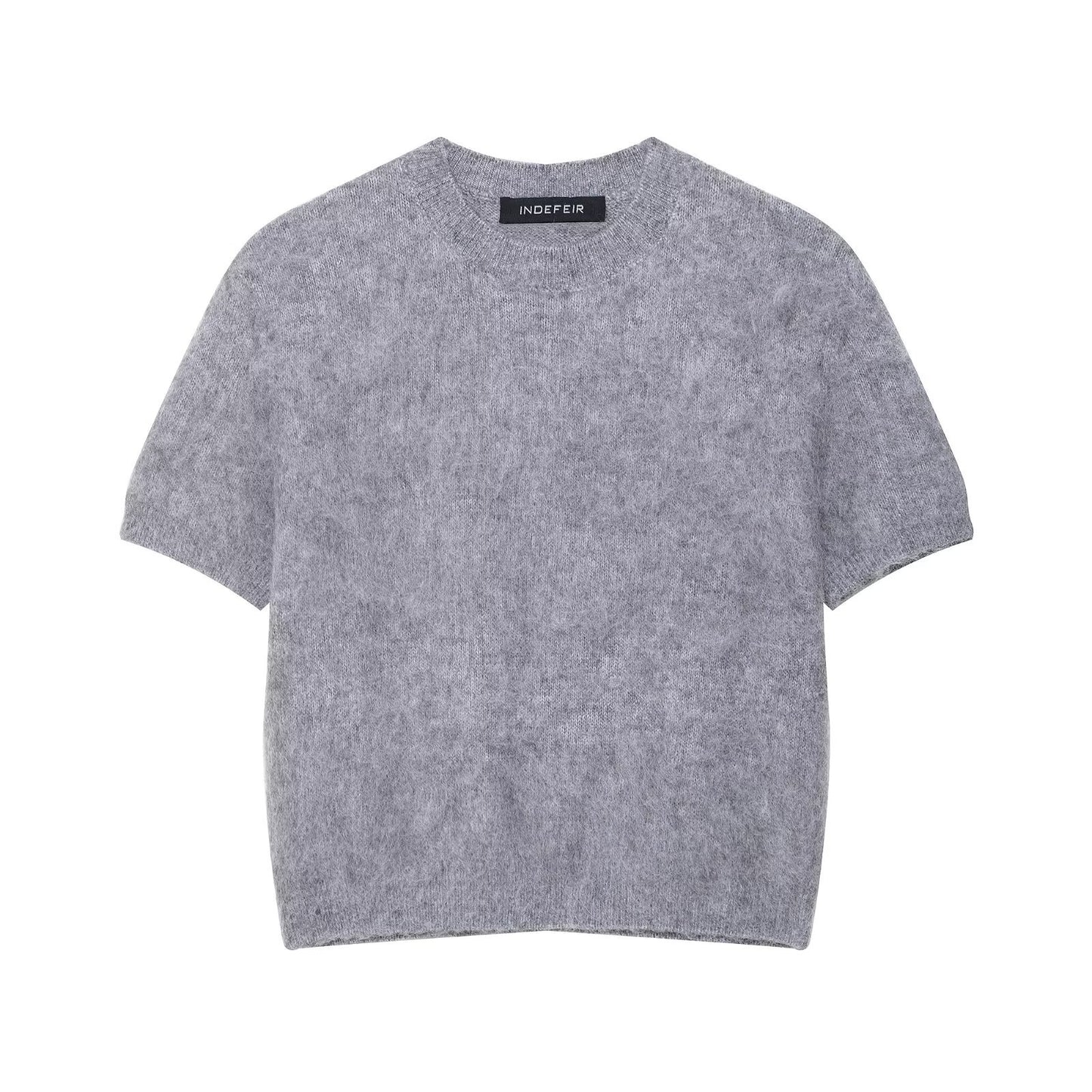 Mia | Fluffy Knitted Top Grey Short Sleeve Crew Neck