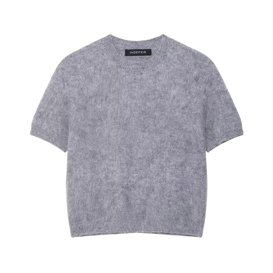Mia | Fluffy Knitted Top Grey Short Sleeve Crew Neck