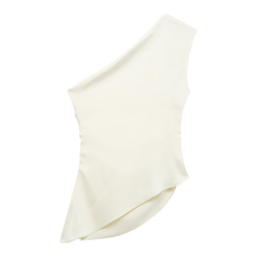 Suki | Elegant One Shoulder Top Cream Satin Asymmetric Draped