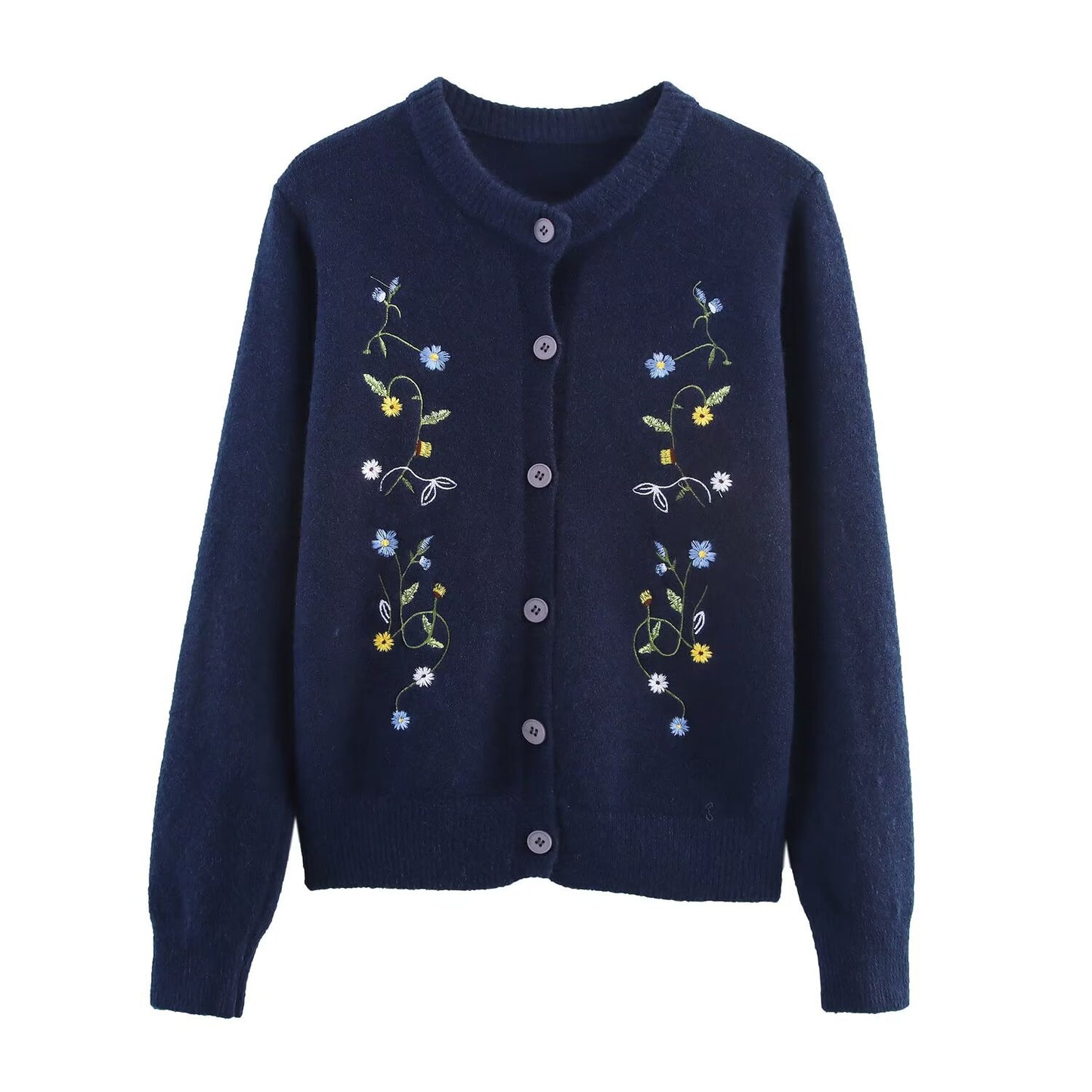Fern | Grey Cardigan Knitted Embroidered Floral Long Sleeve Button Front