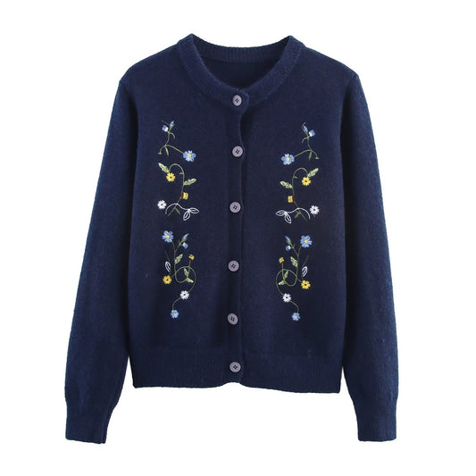 Fern | Grey Cardigan Knitted Embroidered Floral Long Sleeve Button Front