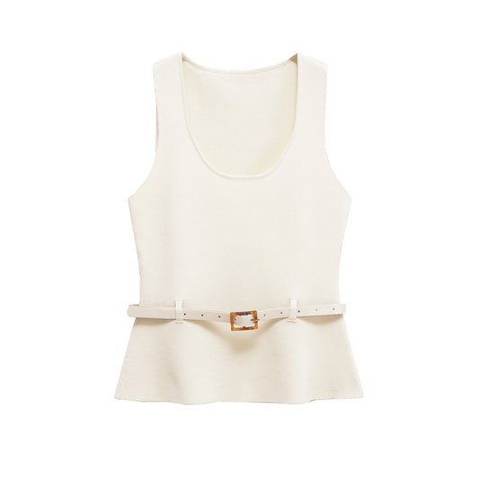 Vera | Elegant Peplum Top Cream Sleeveless Belted Fitted