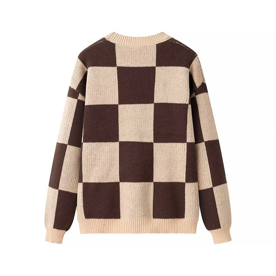 Fleur | Knitted Sweater Check Brown Cream Crew Neck