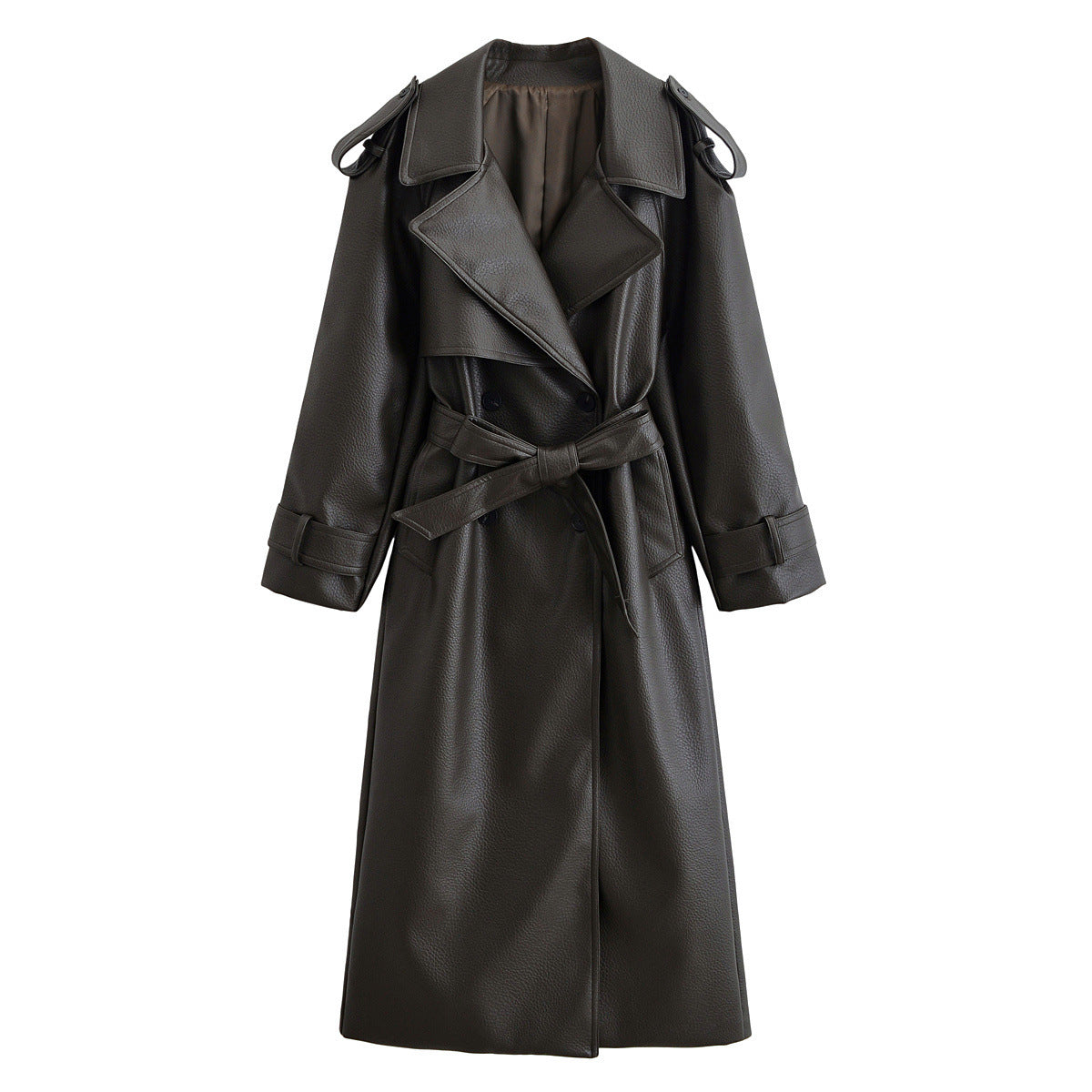 Neve | Elegant Belted Faux Leather Coat Black Long