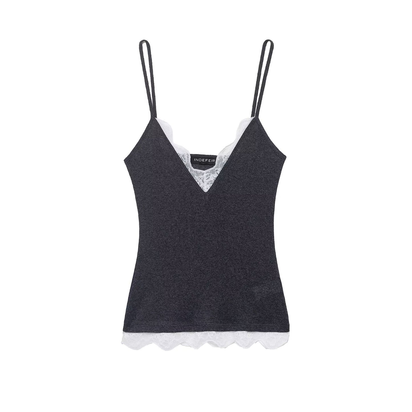 Viola | Everyday Lace Trim Cami Top Grey V Neck Fitted Sleeveless