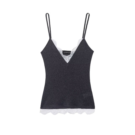 Viola | Everyday Lace Trim Cami Top Grey V Neck Fitted Sleeveless