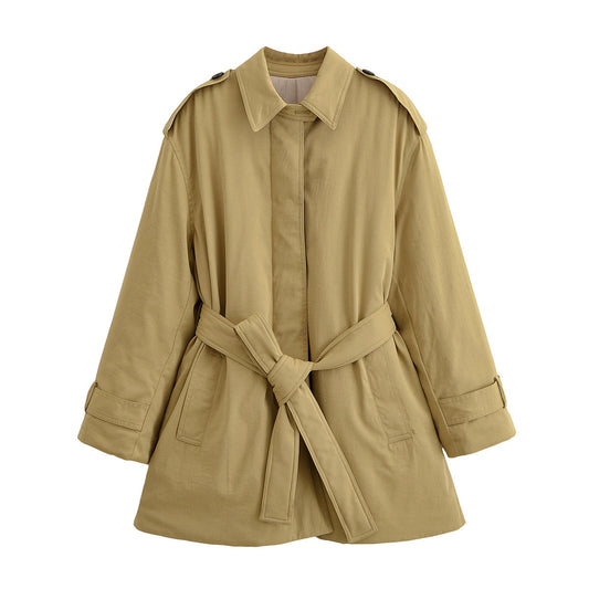 Neve | Beige Belted Utility Jacket Long Sleeve Collared Trench
