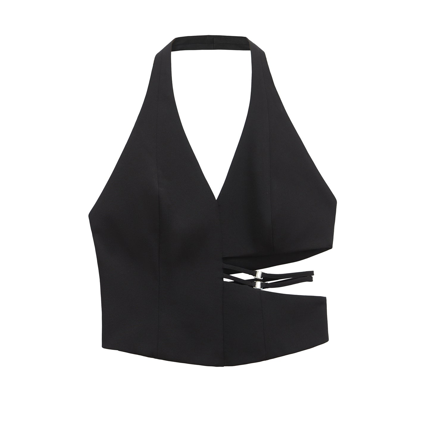 Viola | Halter Neck Top Black Cut Out V Neck Sleeveless