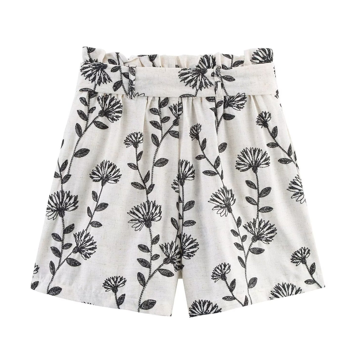Talia | Floral Pleated Shorts White High Waisted