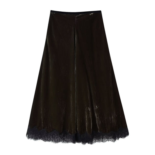 Vera | Velvet Maxi Skirt Olive Green Lace Trim A Line