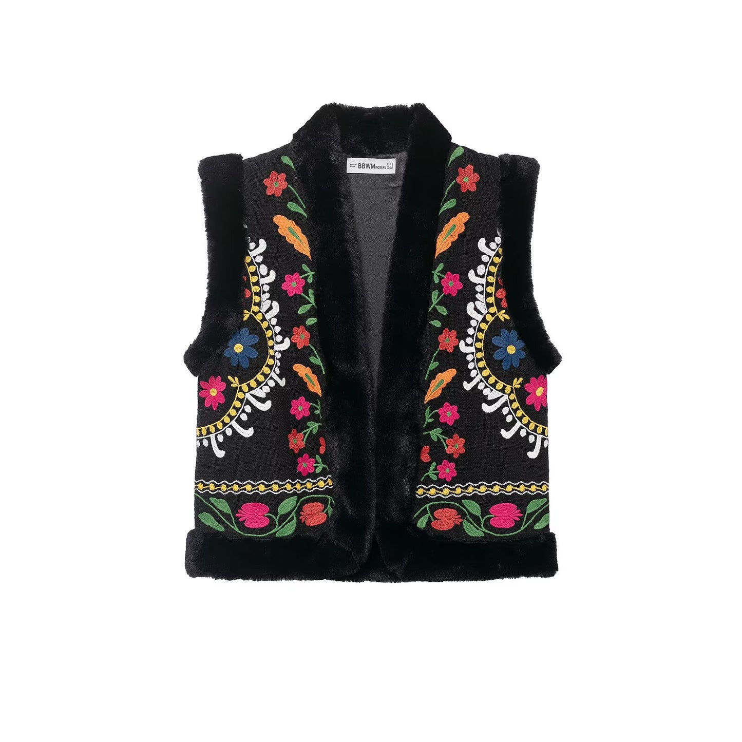 Margot | Embroidered Faux Fur Cardigan Black Floral Sleeveless