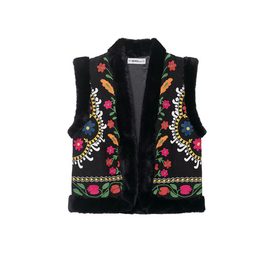 Margot | Embroidered Faux Fur Cardigan Black Floral Sleeveless