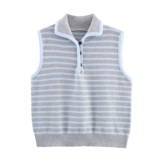 Vera | Striped Knit Sweater Vest Light Blue Collared Button Front