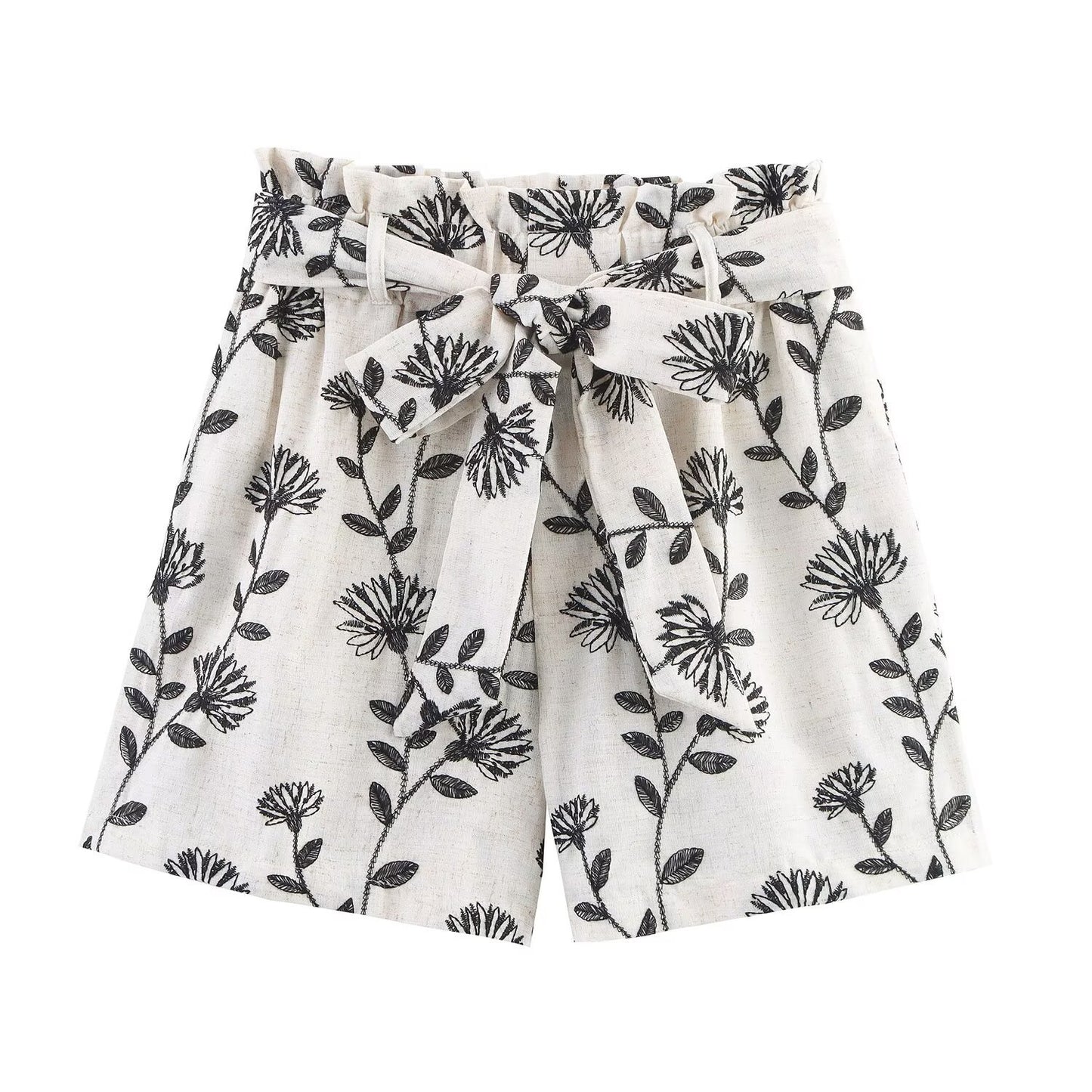 Talia | Floral Pleated Shorts White High Waisted