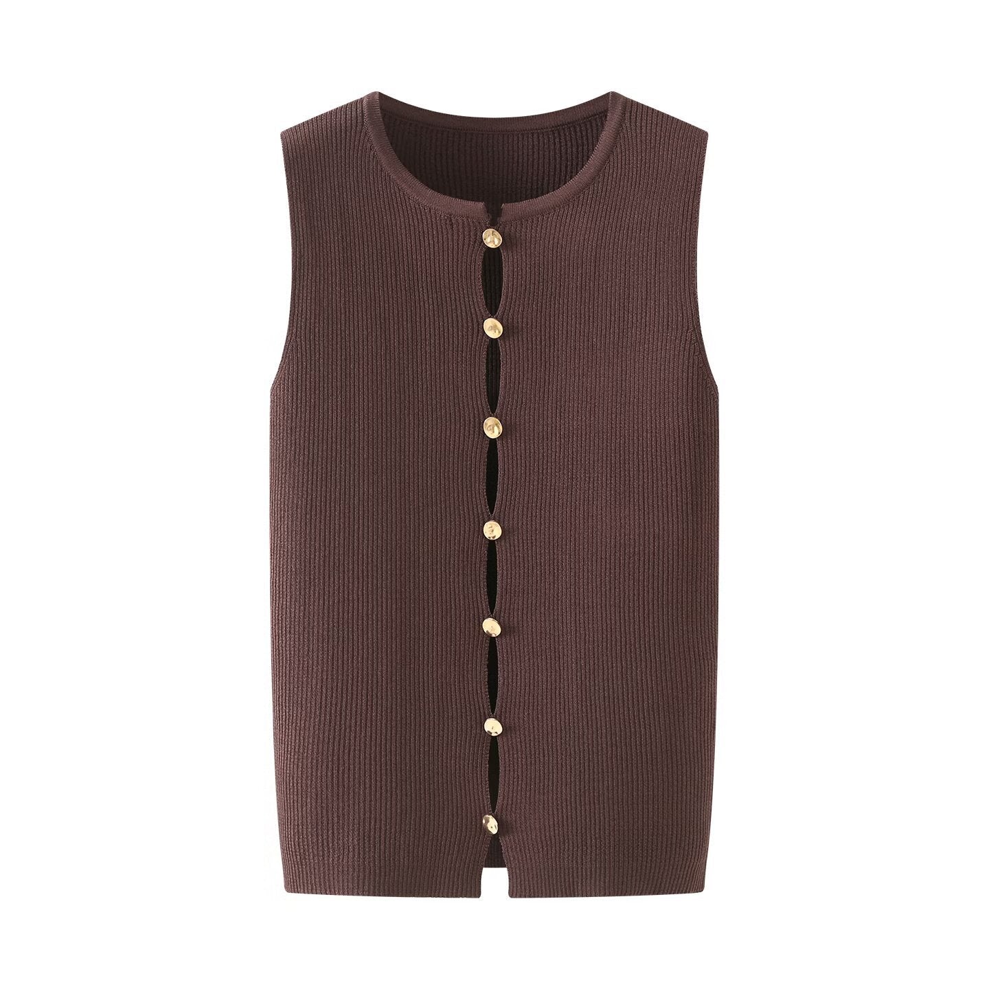 Vera | Ribbed Knit Sleeveless Cardigan Brown Button Front