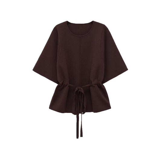 Margot | Relaxed Linen Blouse Brown Short Sleeve Tie Waist
