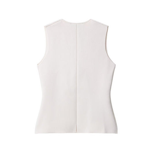 Margot | Ribbed Sleeveless Button Up Vest Top White V Neck