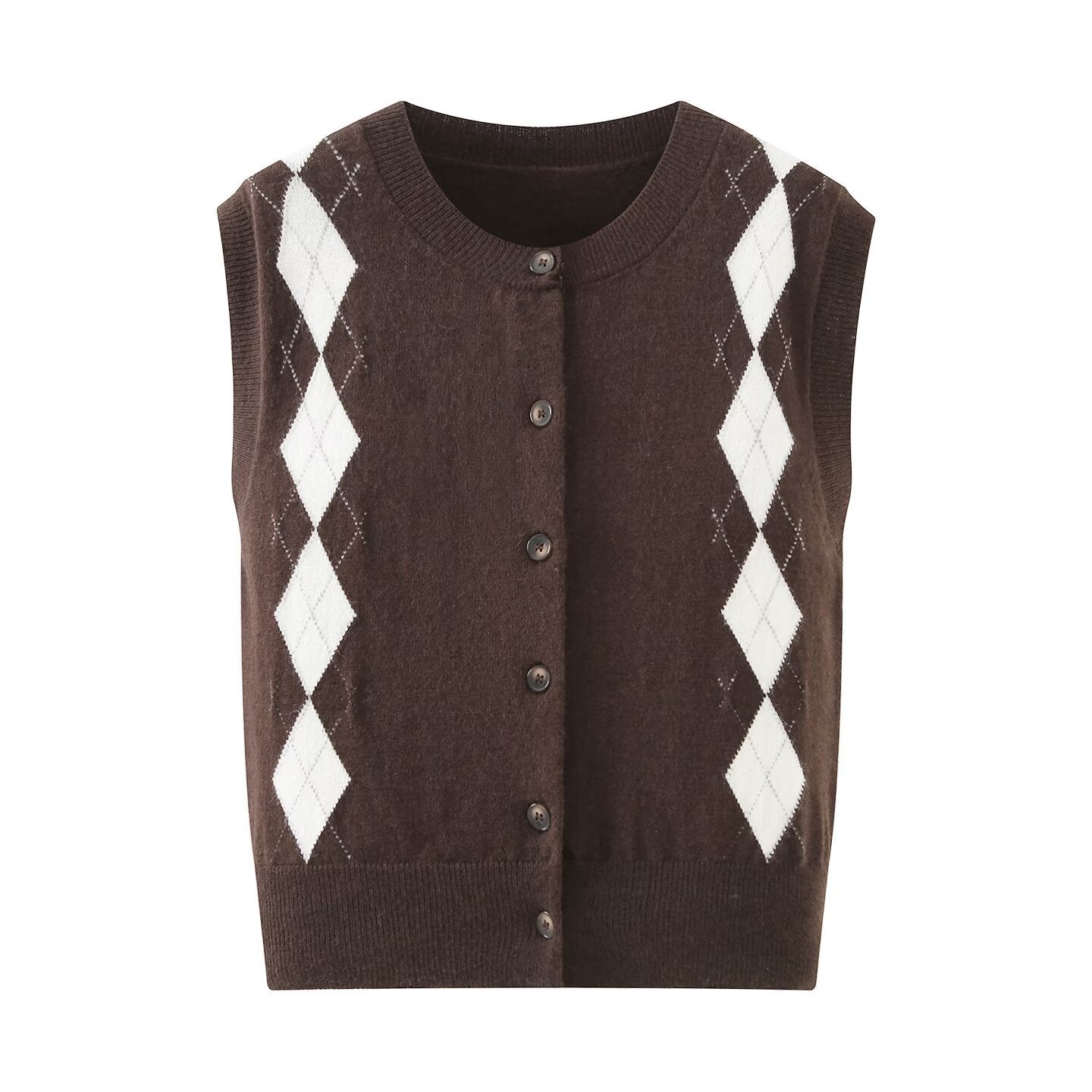 Maren | Preppy Argyle Sweater Vest Brown Cream Cropped Button Front