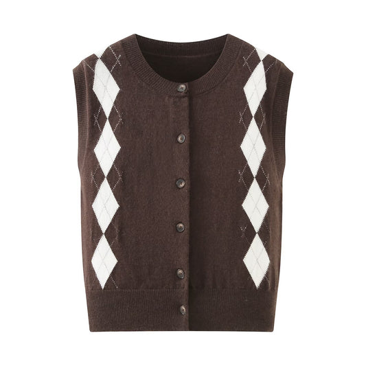 Maren | Preppy Argyle Sweater Vest Brown Cream Cropped Button Front