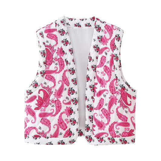 Vera | Paisley Print Sleeveless Cardigan Pink White Open Front