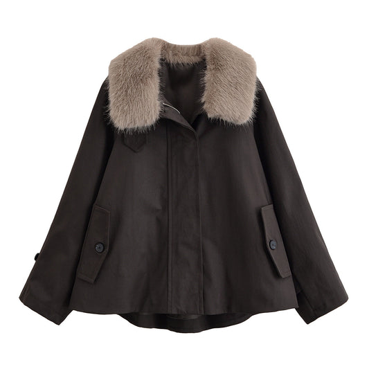 Vera | Faux Fur Collar Swing Jacket Brown Cropped