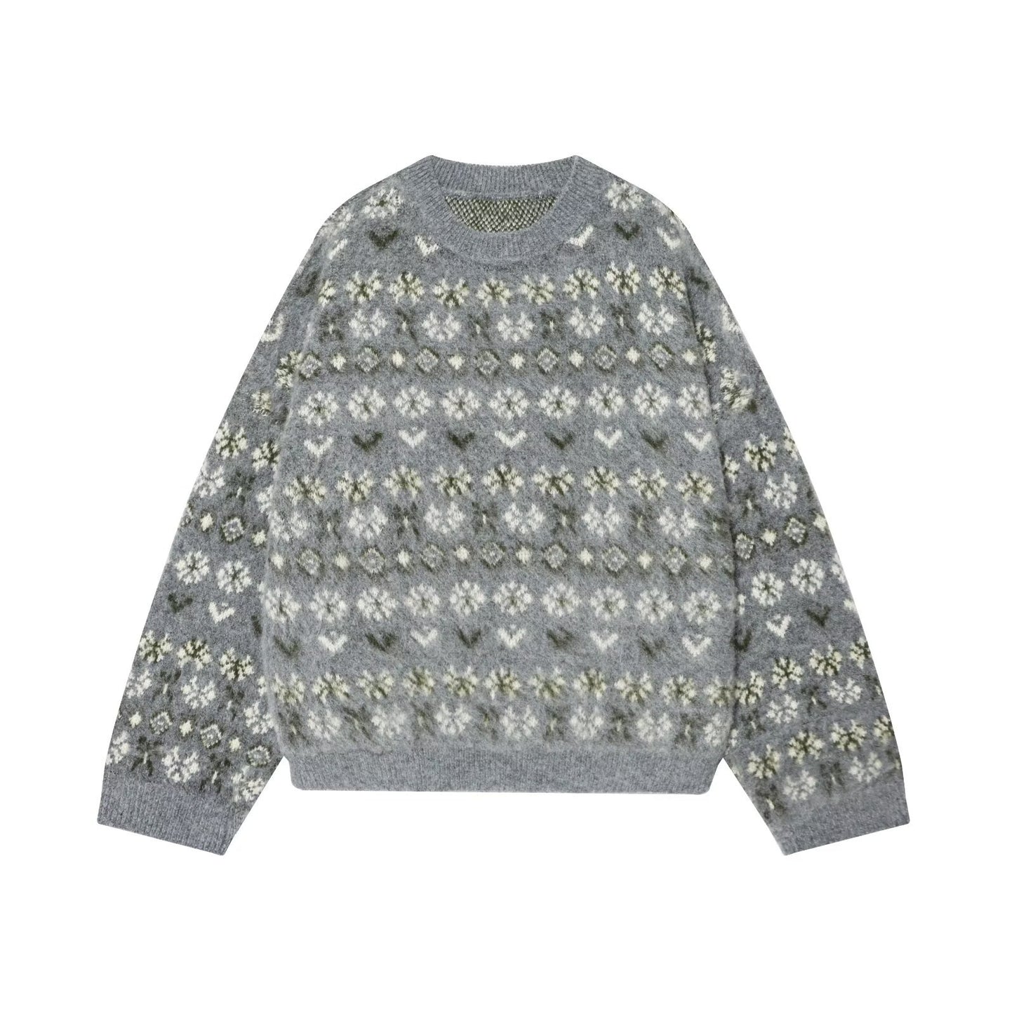 Thea | Fair Isle Knit Sweater Gray Crew Neck Oversized