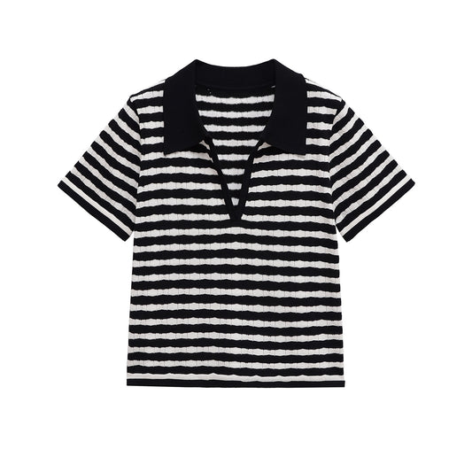 Phoebe | Flattering Ribbed Knit Striped Polo Top