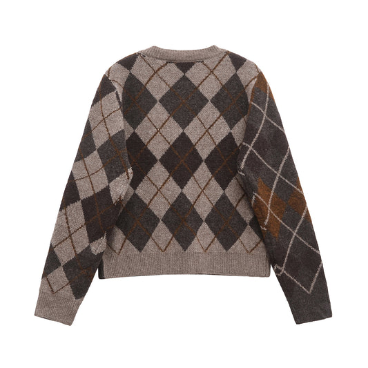 Lyra | Argyle Knitted Cardigan Brown Long Sleeve Button Front