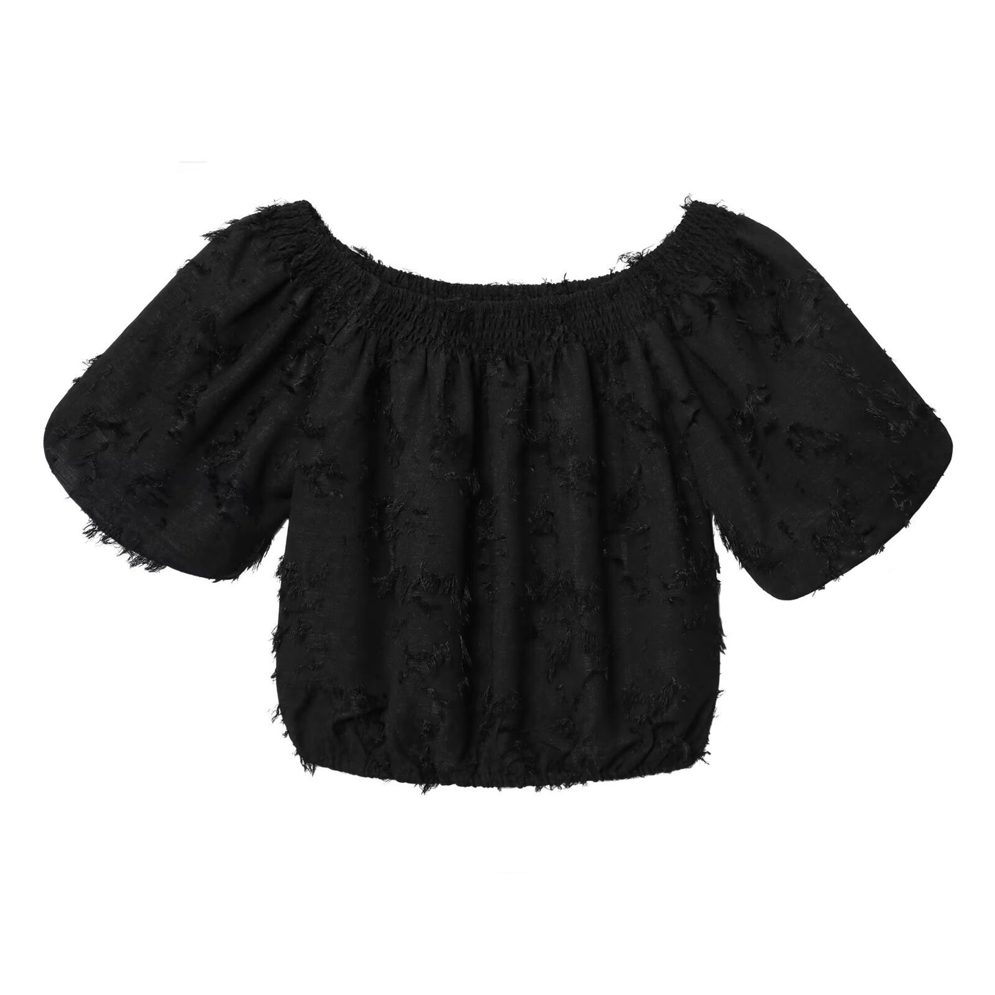 Vera | Off Shoulder Crop Top Black Textured Short Sleeve