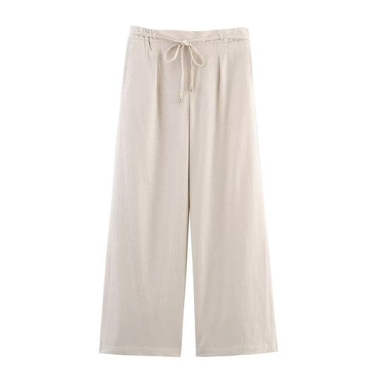 Hazel | Casual Wide Leg Linen Trousers Cream Drawstring