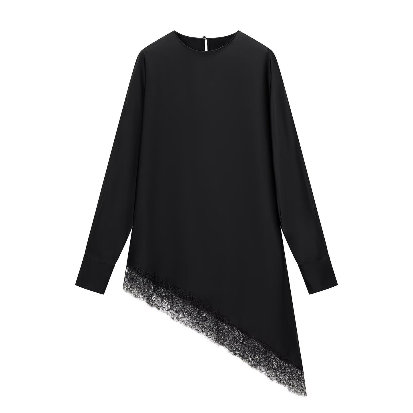 Mia | Elegant Asymmetric Blouse Black Long Sleeve Lace Trim