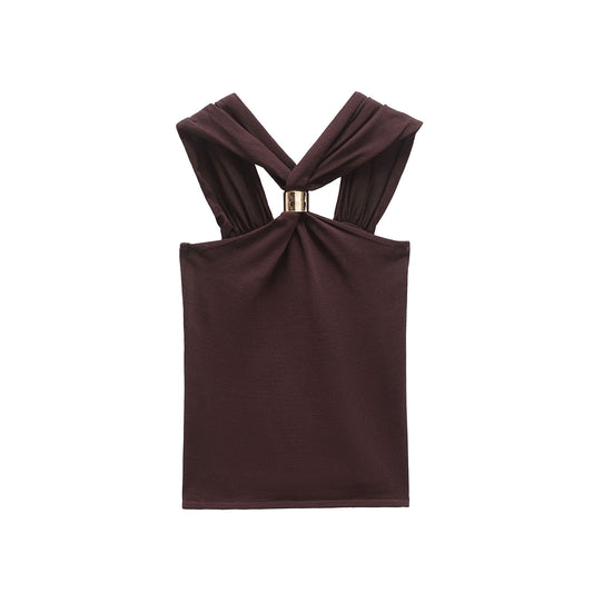 Viola | Halter Neck Top Brown Backless Ruched