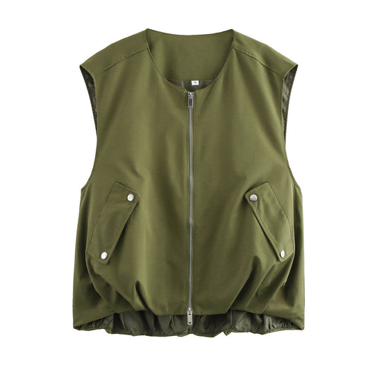 Thea | Utility Zip Vest Olive Green Sleeveless