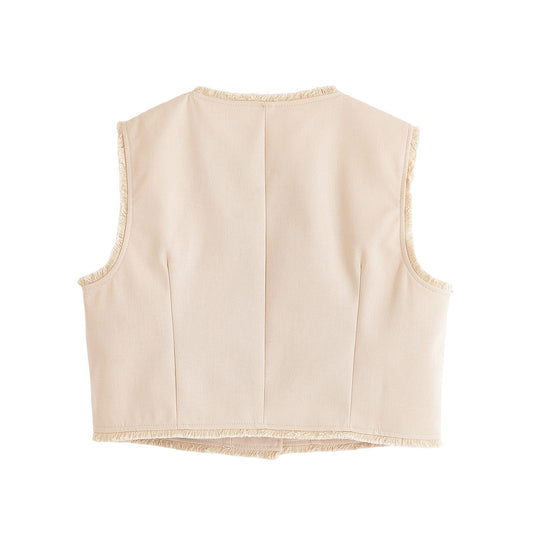 Suki | Cropped Sleeveless Blouse Cream Button Front Frayed Edge