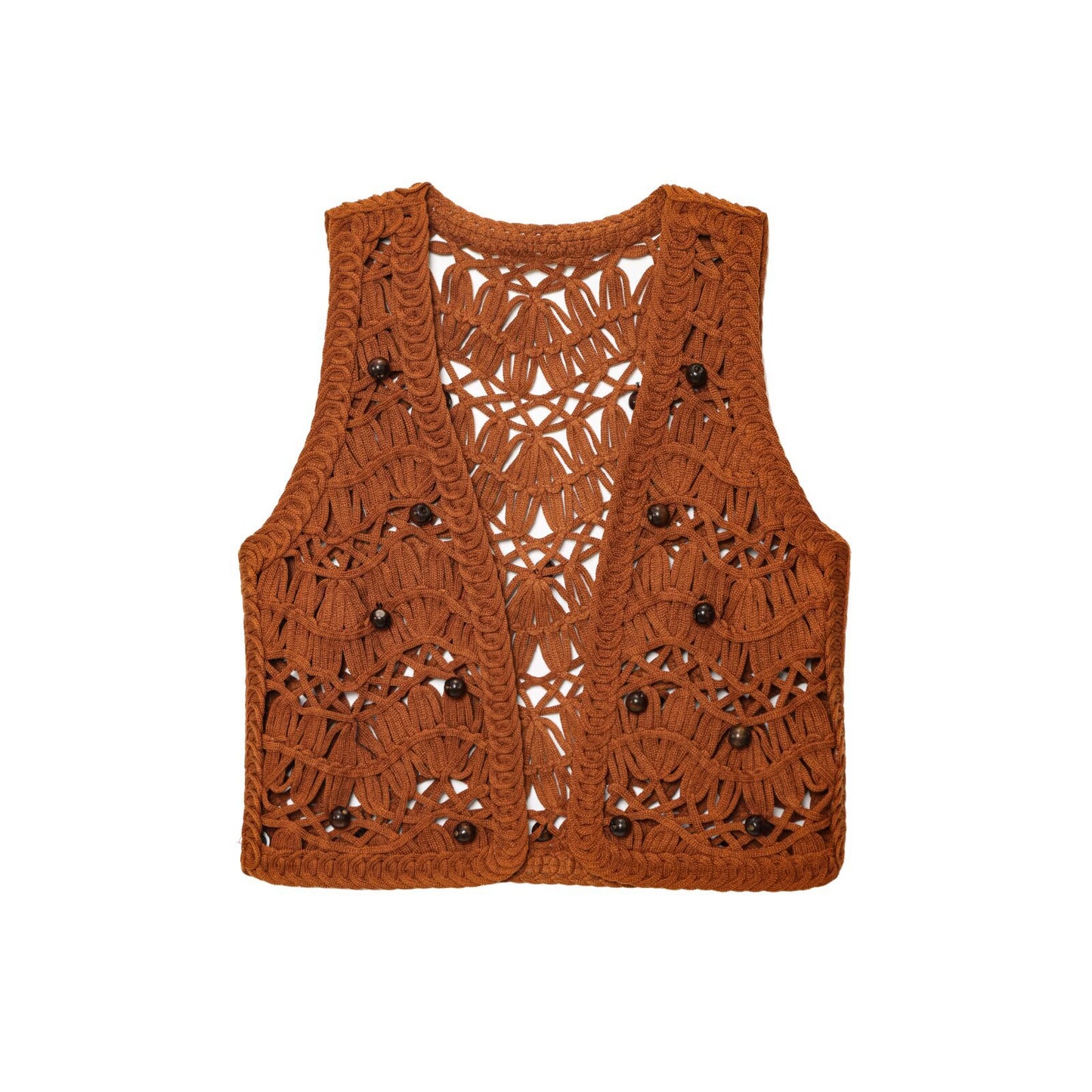 Thea | Cropped Crochet Cardigan Brown Beaded Sleeveless