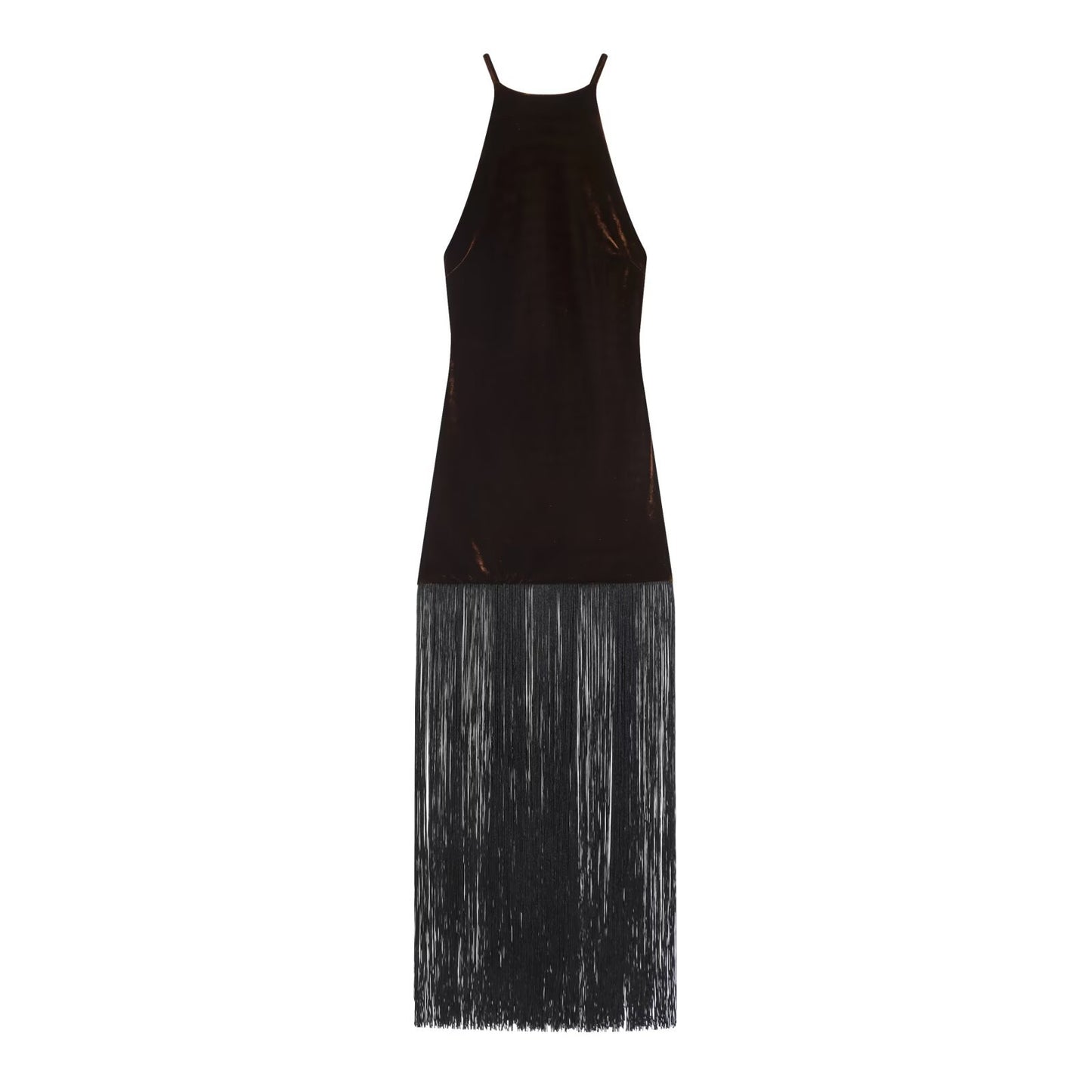 Thea | Velvet Fringe Maxi Dress Black Halter