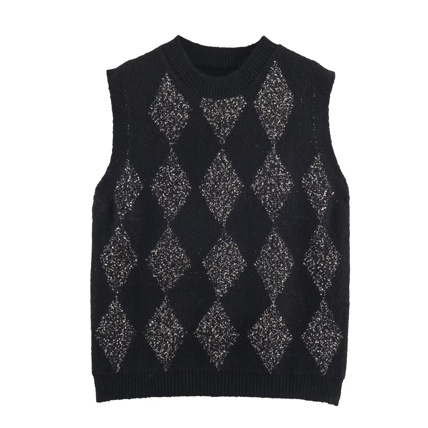 Nola | Vest Top Grey Knitted Argyle Sleeveless Rhinestone