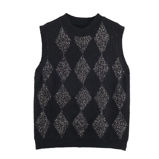 Nola | Vest Top Grey Knitted Argyle Sleeveless Rhinestone