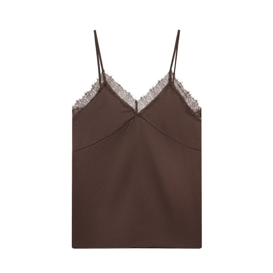 Mila | Elegant Cami Top Brown Satin Lace Trim V Neck