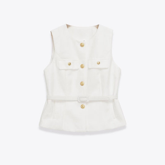 Olive | Sleeveless Tweed Vest Black Gold Button Belted