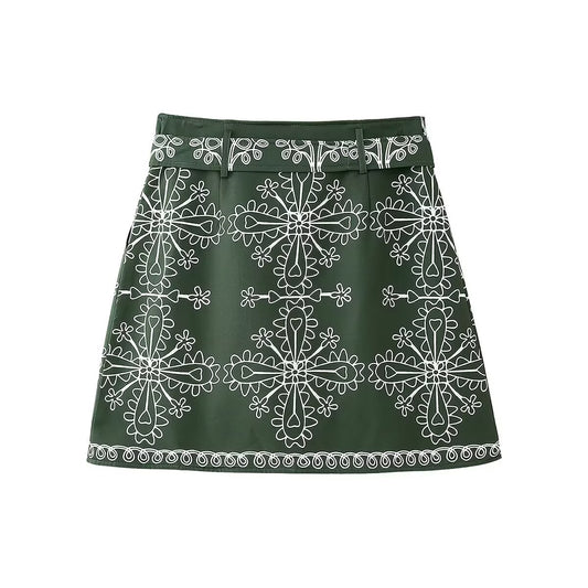Freya | Mini Skirt Green Wrap Embroidered A Line