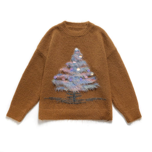 Freya | Winter Knitted Sweater Grey Christmas Tree Embellished